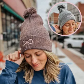 Embroidered Bow Pom Beanie