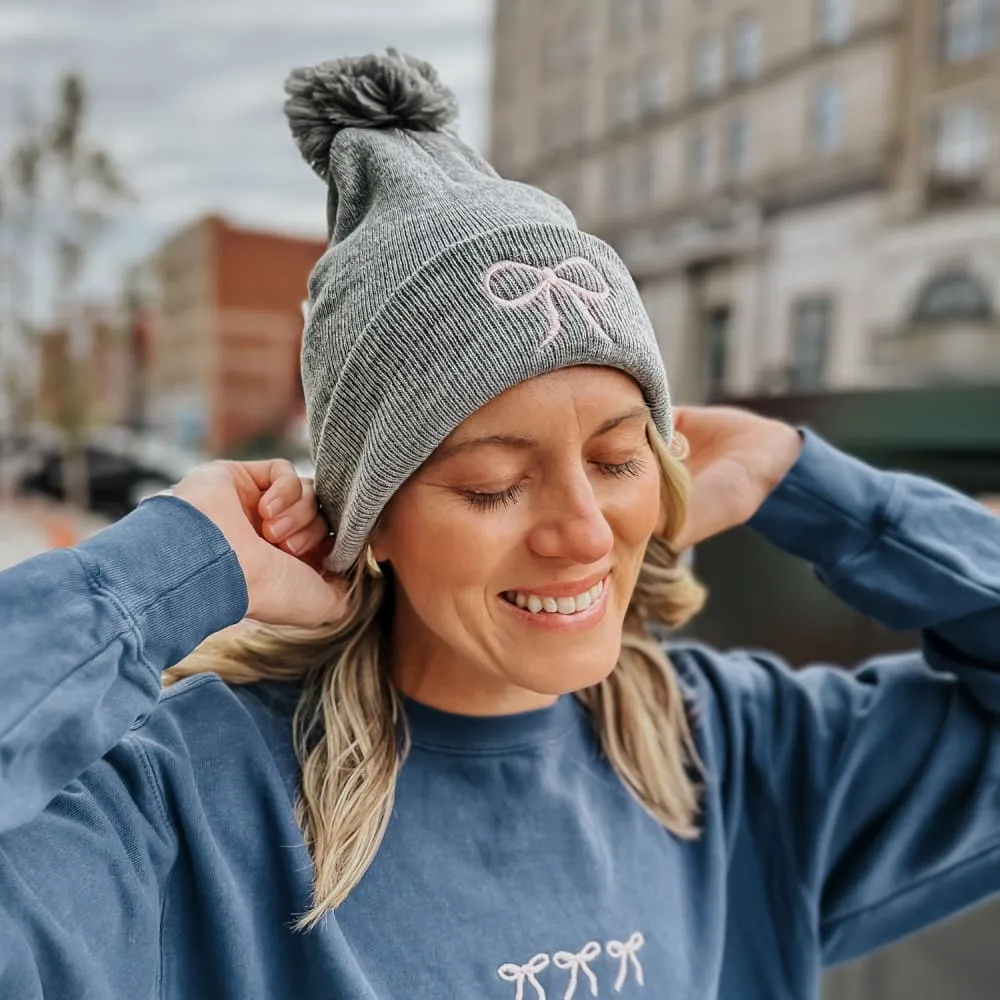 Embroidered Bow Pom Beanie