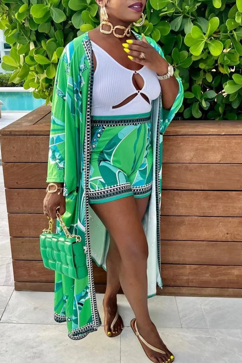 Exotic Green Abstract Print 2 Piece Kimono & Short Set