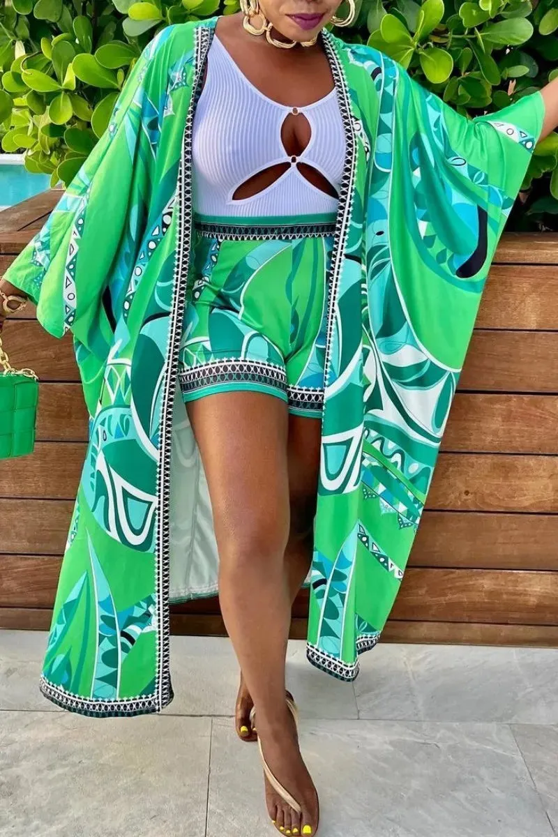 Exotic Green Abstract Print 2 Piece Kimono & Short Set