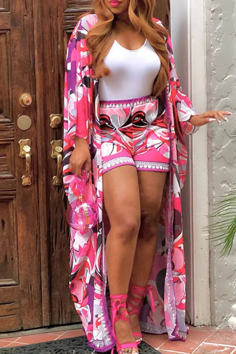 Exotic Pink Abstract Print 2 Piece Kimono & Short Set