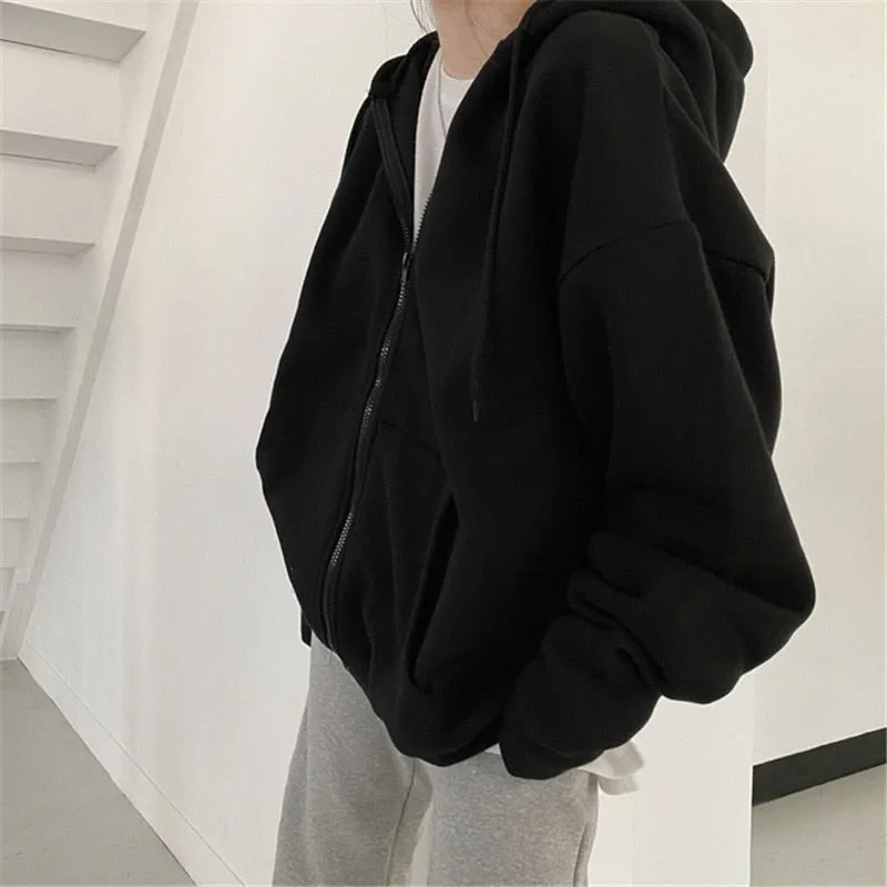 Fashionkova   2022 Hooded Sweatshirts Women Winter Autumn Zip Up Jacket Coat Harajuku Korean Long Sleeve Solid Y2K Clothes Loose Hoodies Black