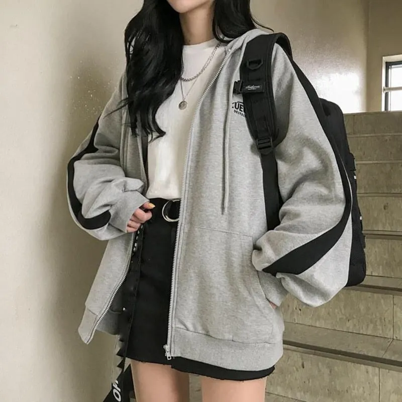 Fashionkova   2022 Hooded Sweatshirts Women Winter Autumn Zip Up Jacket Coat Harajuku Korean Long Sleeve Solid Y2K Clothes Loose Hoodies Black