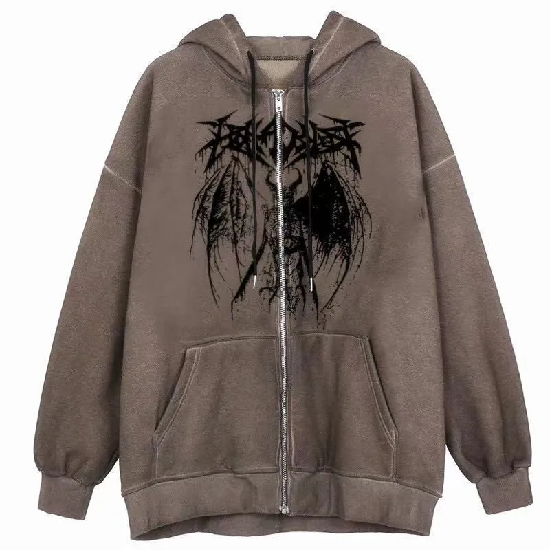 Fashionkova   Rhinestone Skeleton Sweatshirts Women Y2K Grunge Gothic Tops Hooded Jacket Vintage Harajuku Long Sleeve Zip Up Streetwear Hoodie