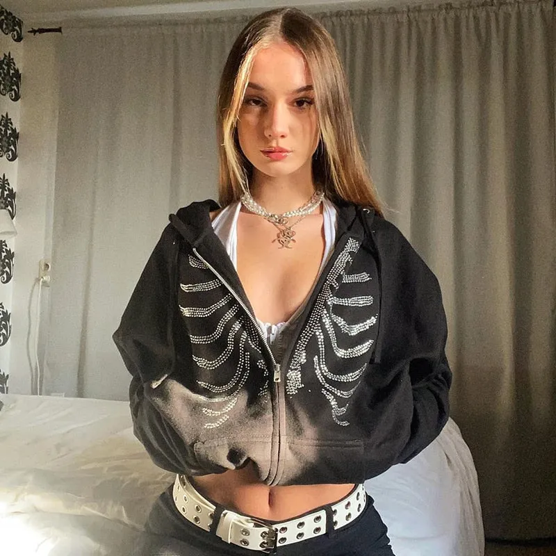 Fashionkova   Rhinestone Skeleton Sweatshirts Women Y2K Grunge Gothic Tops Hooded Jacket Vintage Harajuku Long Sleeve Zip Up Streetwear Hoodie