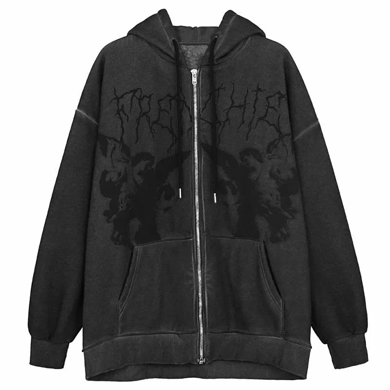 Fashionkova   Y2K Gothic Punk Hoodie Women 2022 Loose Butterfly Print Grunge Long Sleeve Black Hoodies Jackets Streetwear Zip Up Sweatshirts