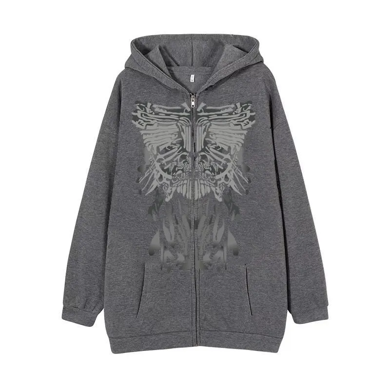 Fashionkova   Y2K Gothic Punk Hoodie Women 2022 Loose Butterfly Print Grunge Long Sleeve Black Hoodies Jackets Streetwear Zip Up Sweatshirts