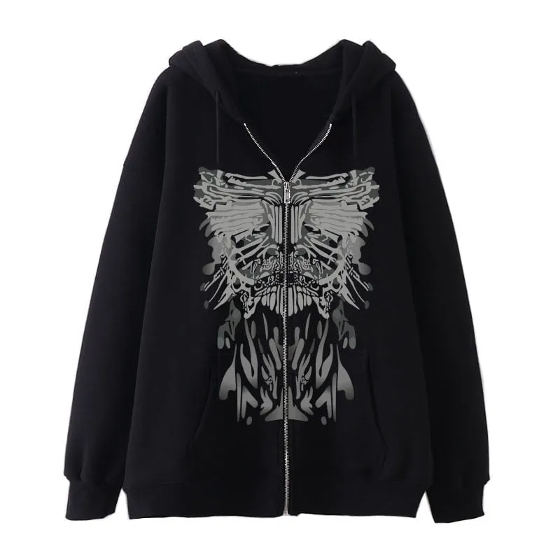 Fashionkova   Y2K Gothic Punk Hoodie Women 2022 Loose Butterfly Print Grunge Long Sleeve Black Hoodies Jackets Streetwear Zip Up Sweatshirts