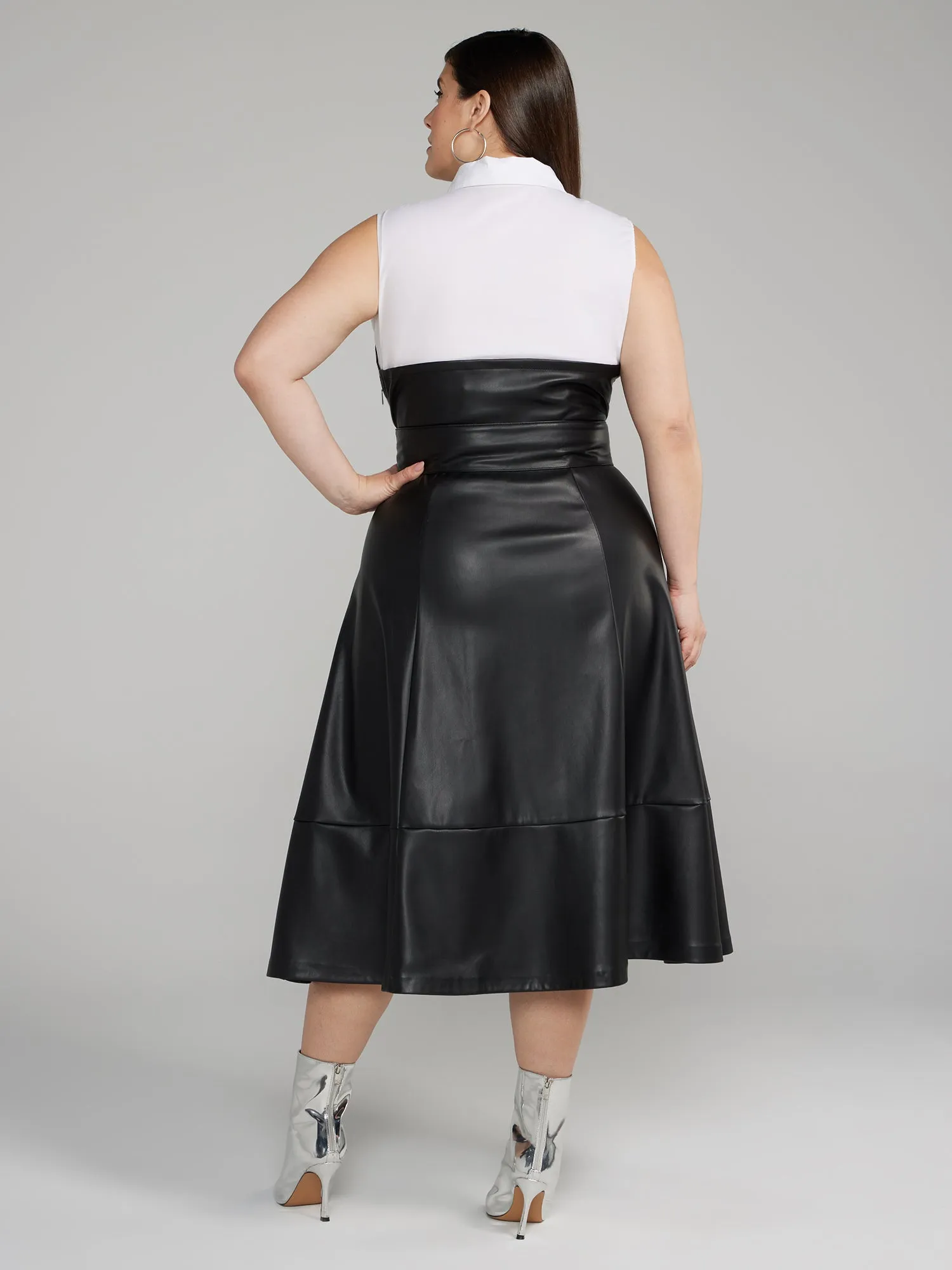 Faux Leather 2fer Belted Midi Dress