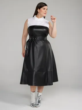 Faux Leather 2fer Belted Midi Dress