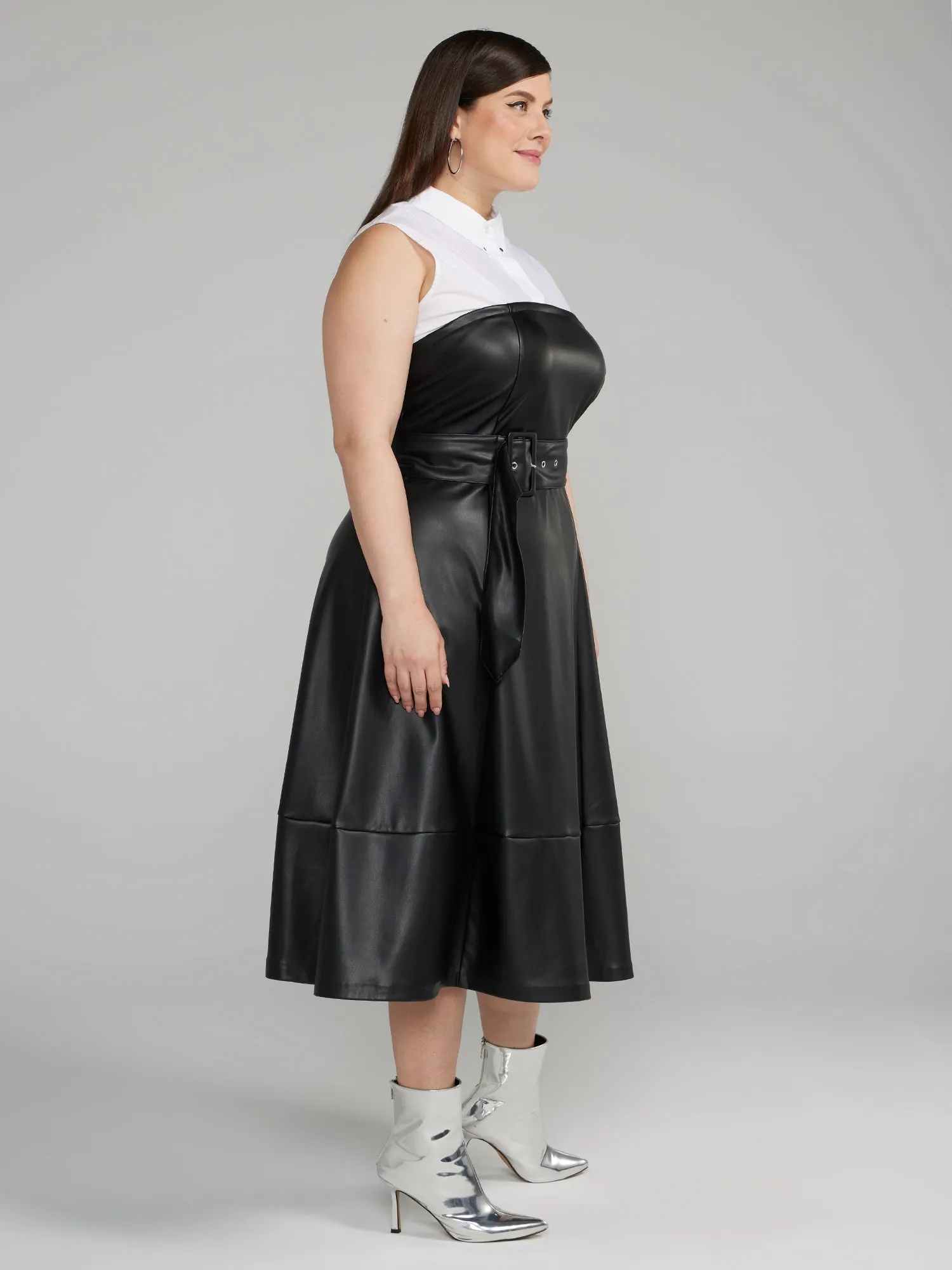 Faux Leather 2fer Belted Midi Dress