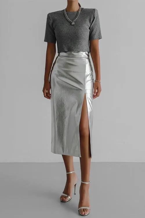 Febedress High Waist Slit Front Faux Leather Midi Skirt