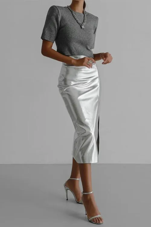 Febedress High Waist Slit Front Faux Leather Midi Skirt