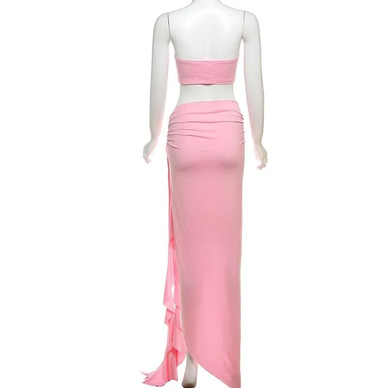 Flower applique high slit ruffle maxi skirt set