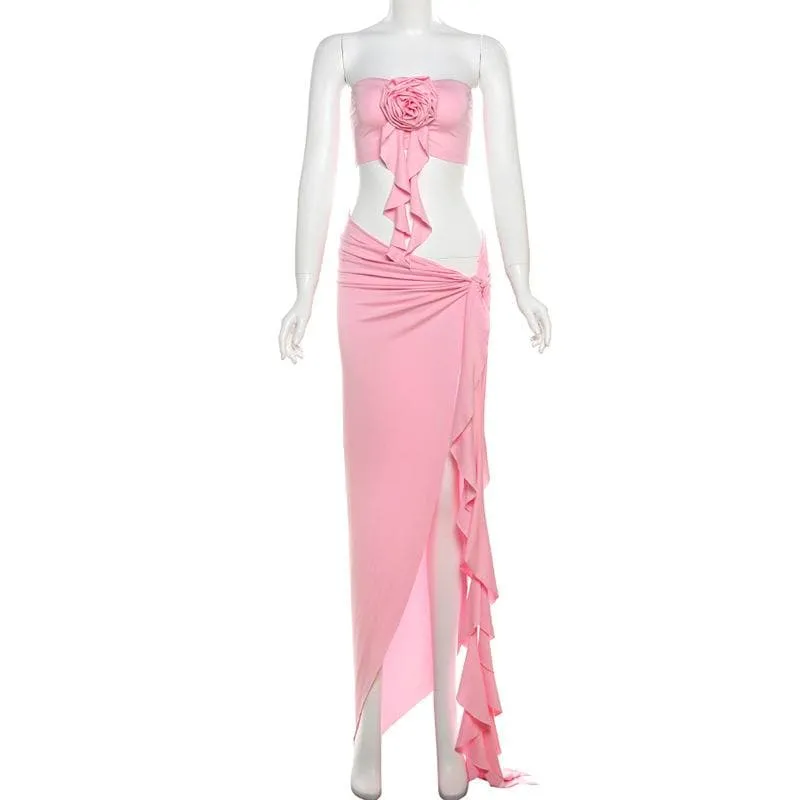 Flower applique high slit ruffle maxi skirt set