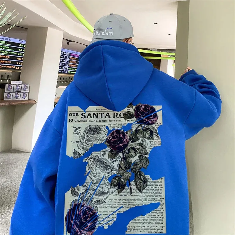 Flytonn-90s streetwear -Y2K Vintage Rose Graphic Print Hoodies For Men Goth Fashion Streetwear Clothes Casual Fleece Hip Hop Loose Pullover Sweatshirts