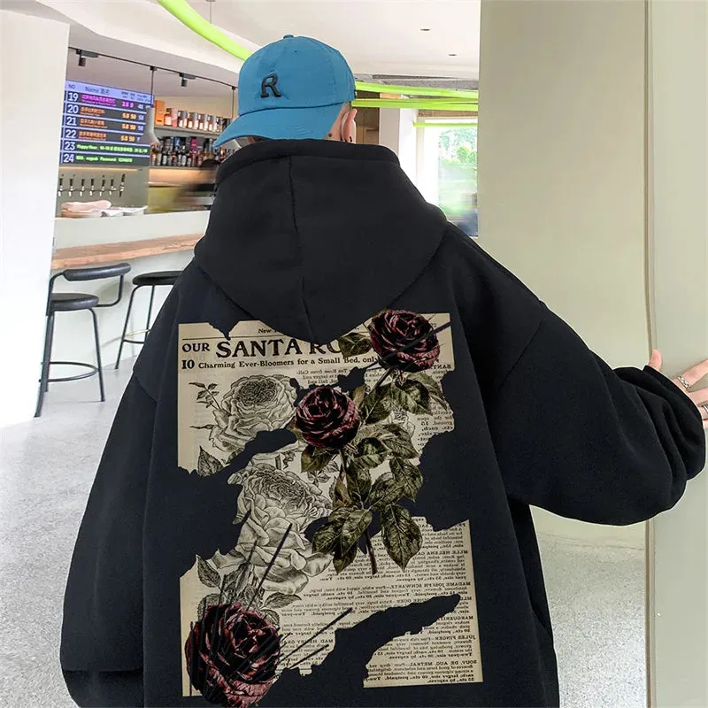 Flytonn-90s streetwear -Y2K Vintage Rose Graphic Print Hoodies For Men Goth Fashion Streetwear Clothes Casual Fleece Hip Hop Loose Pullover Sweatshirts