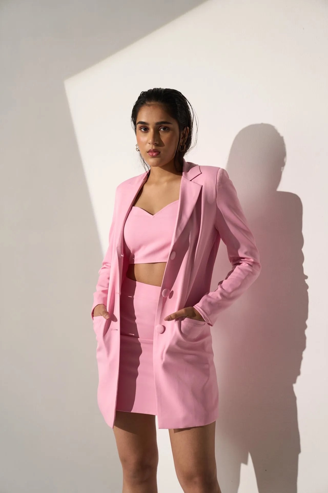 Formal Pink Blazer with skirt and top Co-ord set for Women