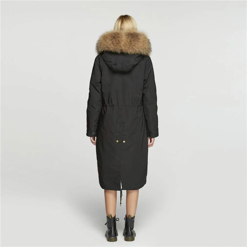 Fur Story's winter ladies leather parka coat with thick hooded long fur coat with raccoon fur