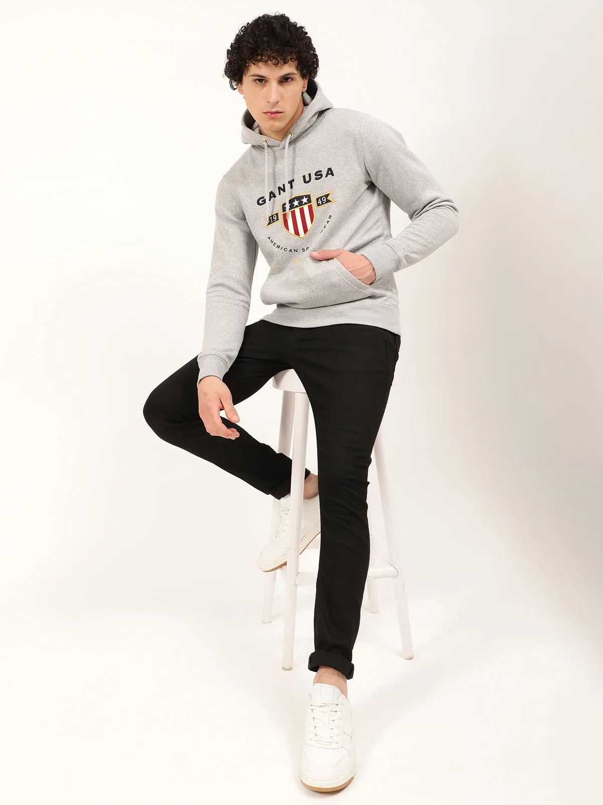 Gant Men Grey Printed Hooded Sweatshirt