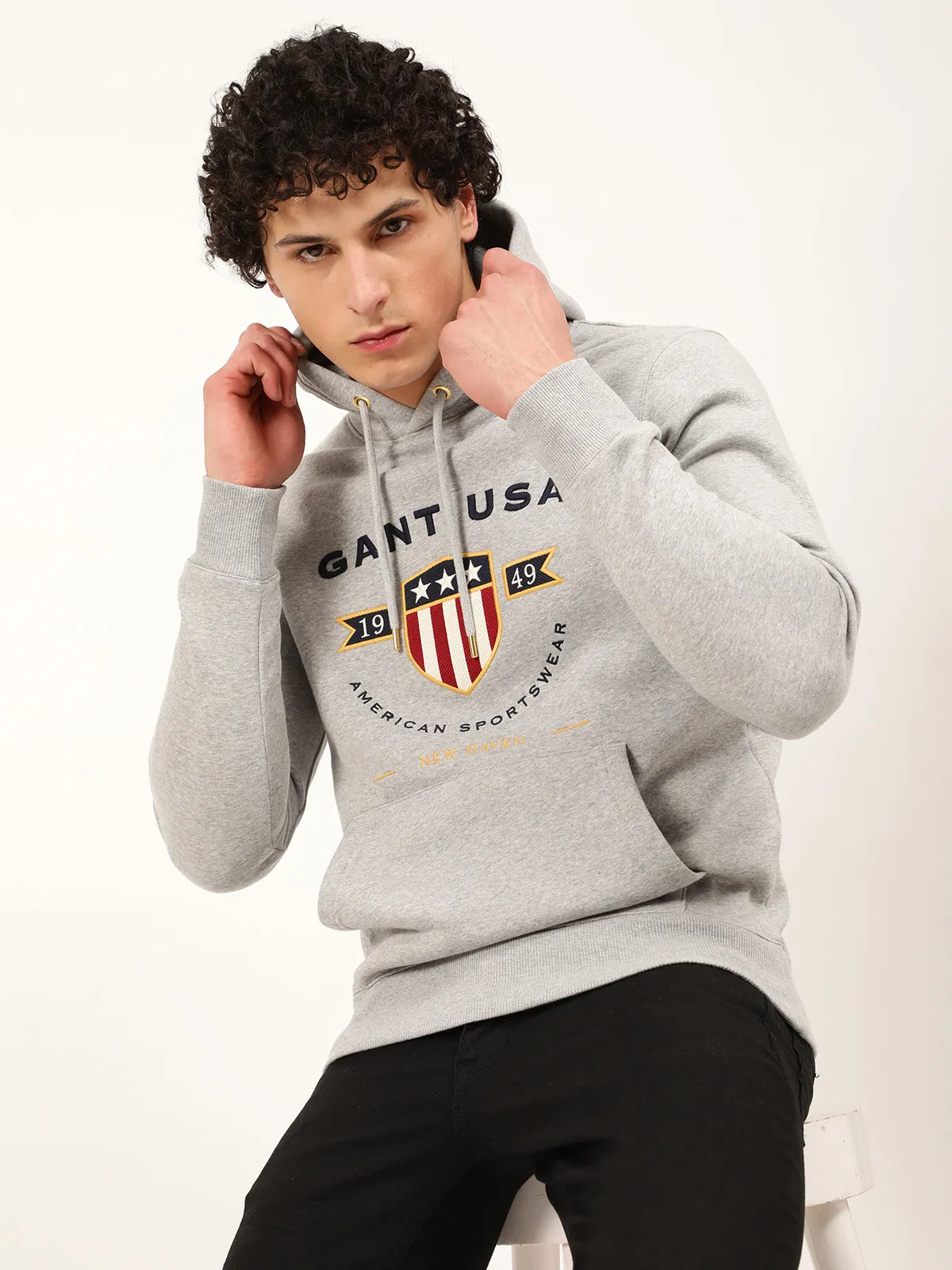 Gant Men Grey Printed Hooded Sweatshirt