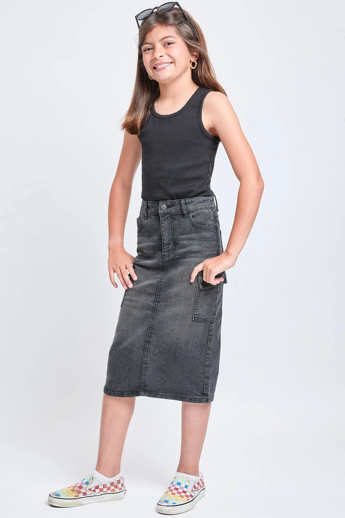 Girls Denim Long Cargo Clean Hem Skirt