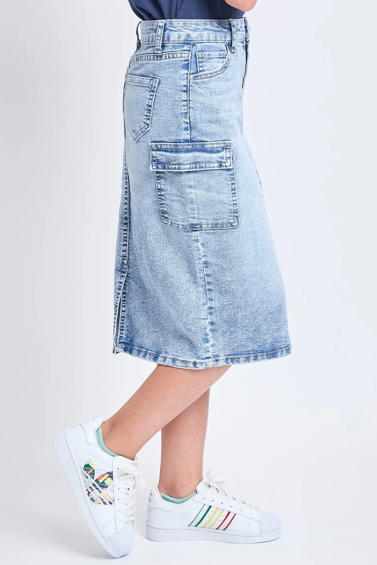 Girls Denim Long Cargo Clean Hem Skirt