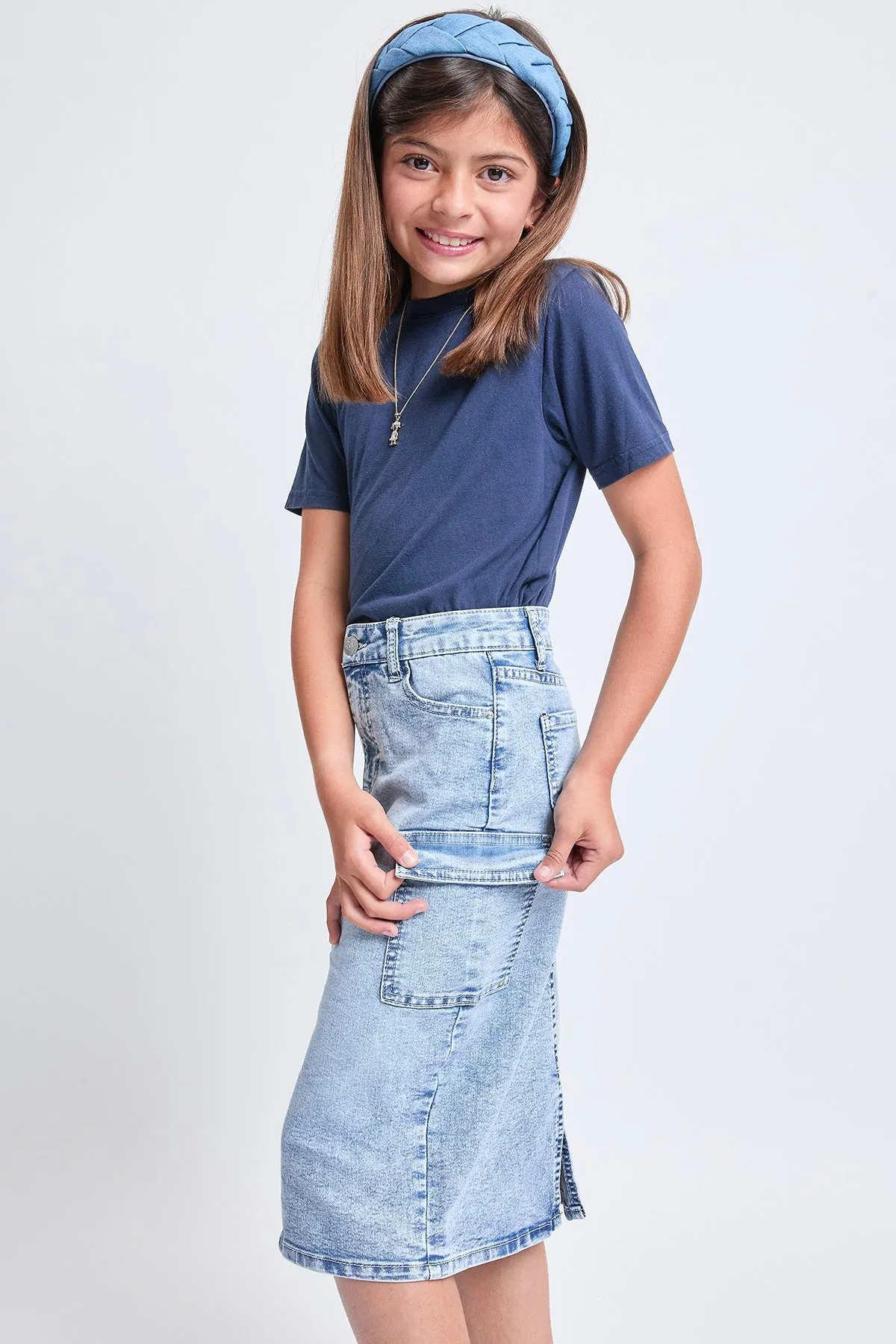 Girls Denim Long Cargo Clean Hem Skirt