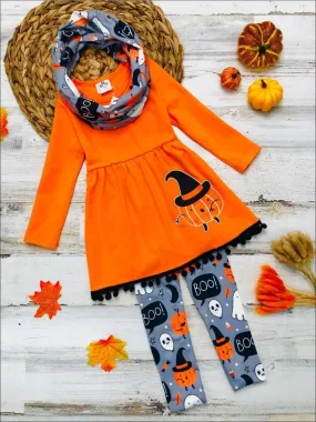 Girls Halloween Themed Long Sleeve Pom Pom Pumpkin Witch Tunic, Spooky Leggings and Scarf Set