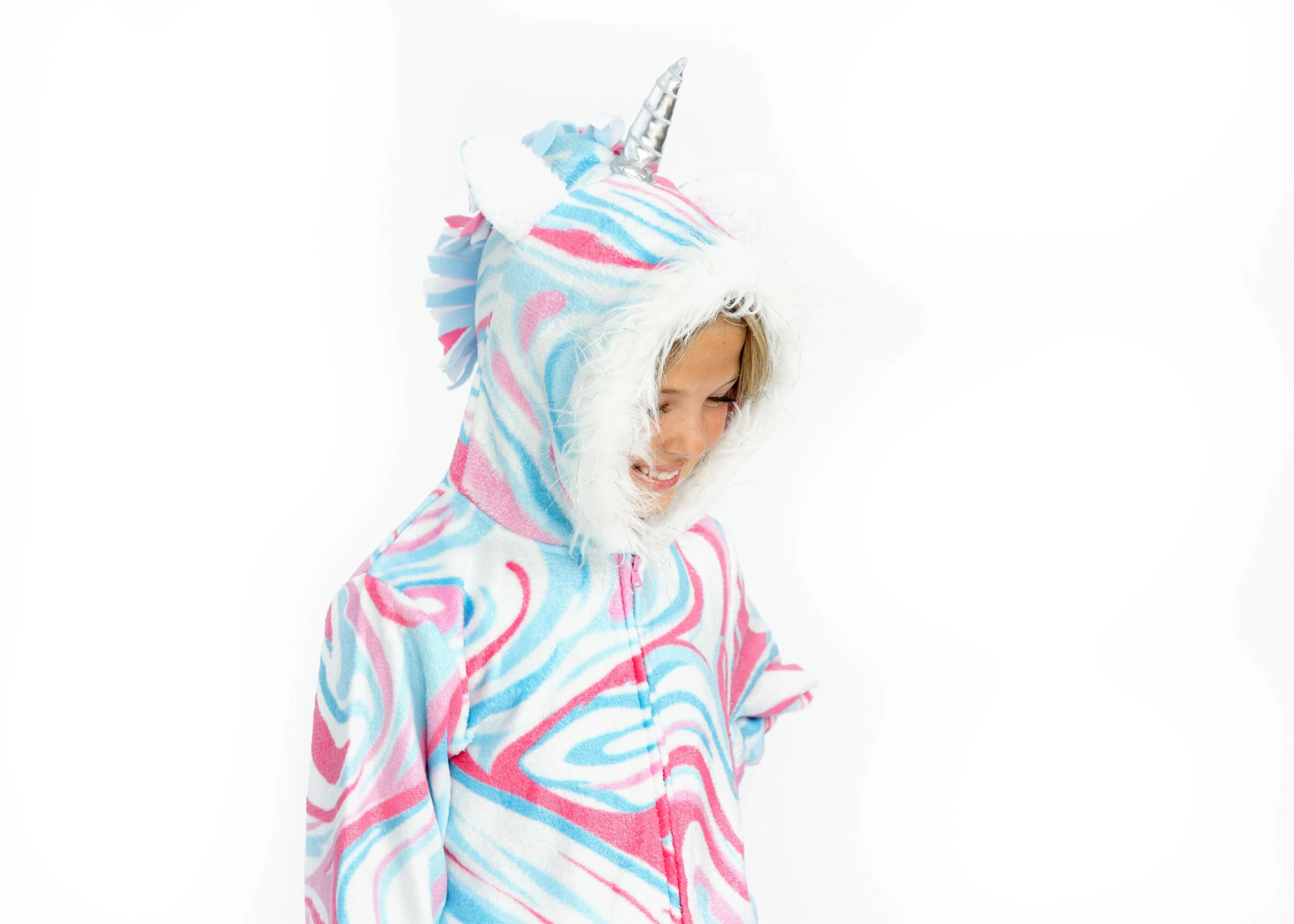 Girls Tie Dye Swirl Zip-Up Hooded Sleeper Pajama with Built Up 3D Character Hood