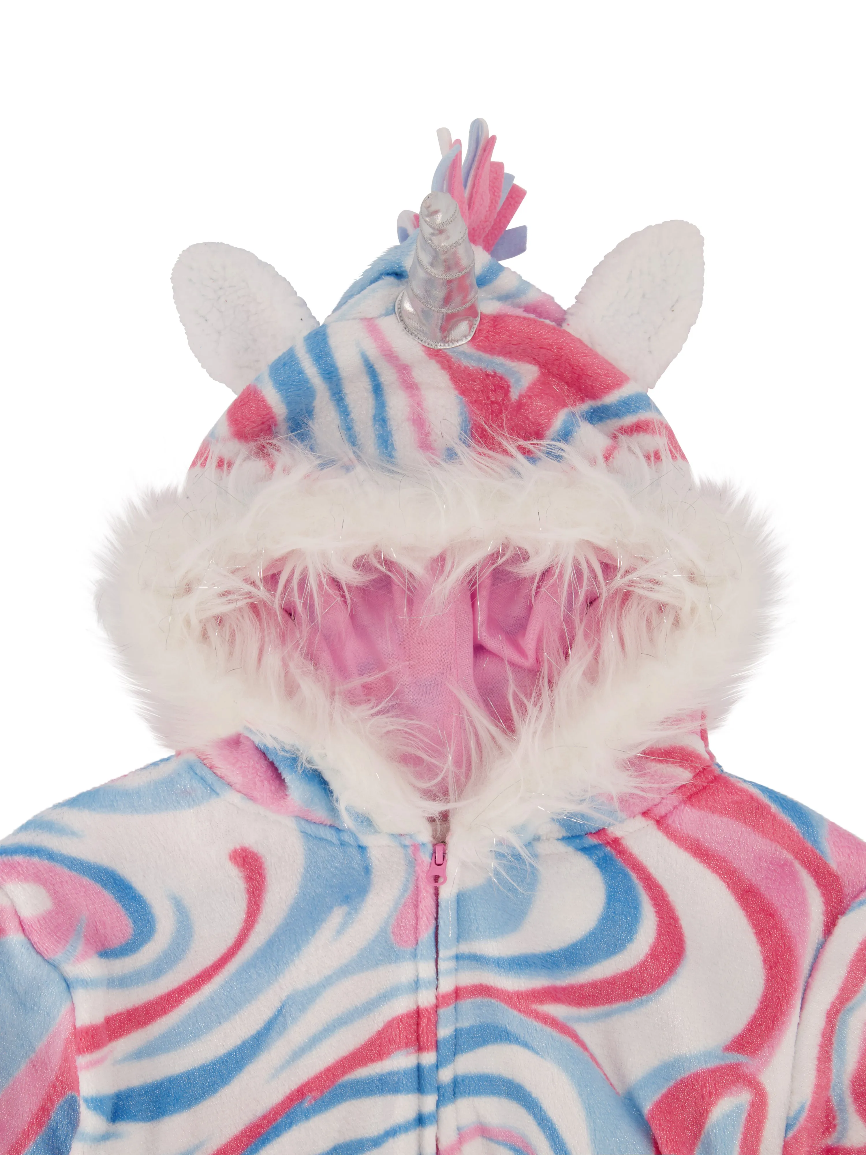 Girls Tie Dye Swirl Zip-Up Hooded Sleeper Pajama with Built Up 3D Character Hood