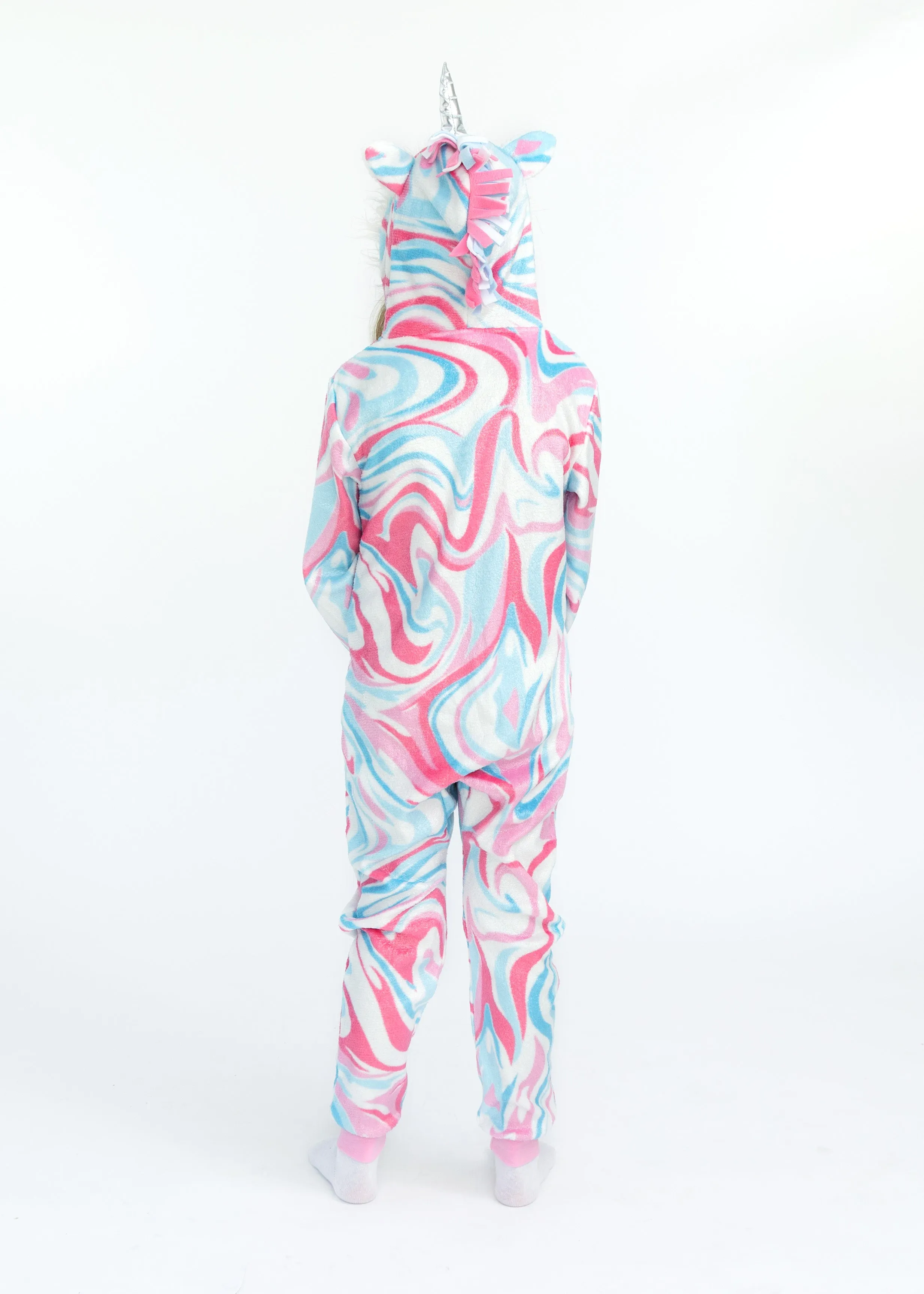 Girls Tie Dye Swirl Zip-Up Hooded Sleeper Pajama with Built Up 3D Character Hood