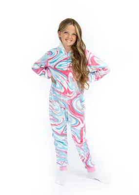 Girls Tie Dye Swirl Zip-Up Hooded Sleeper Pajama with Built Up 3D Character Hood