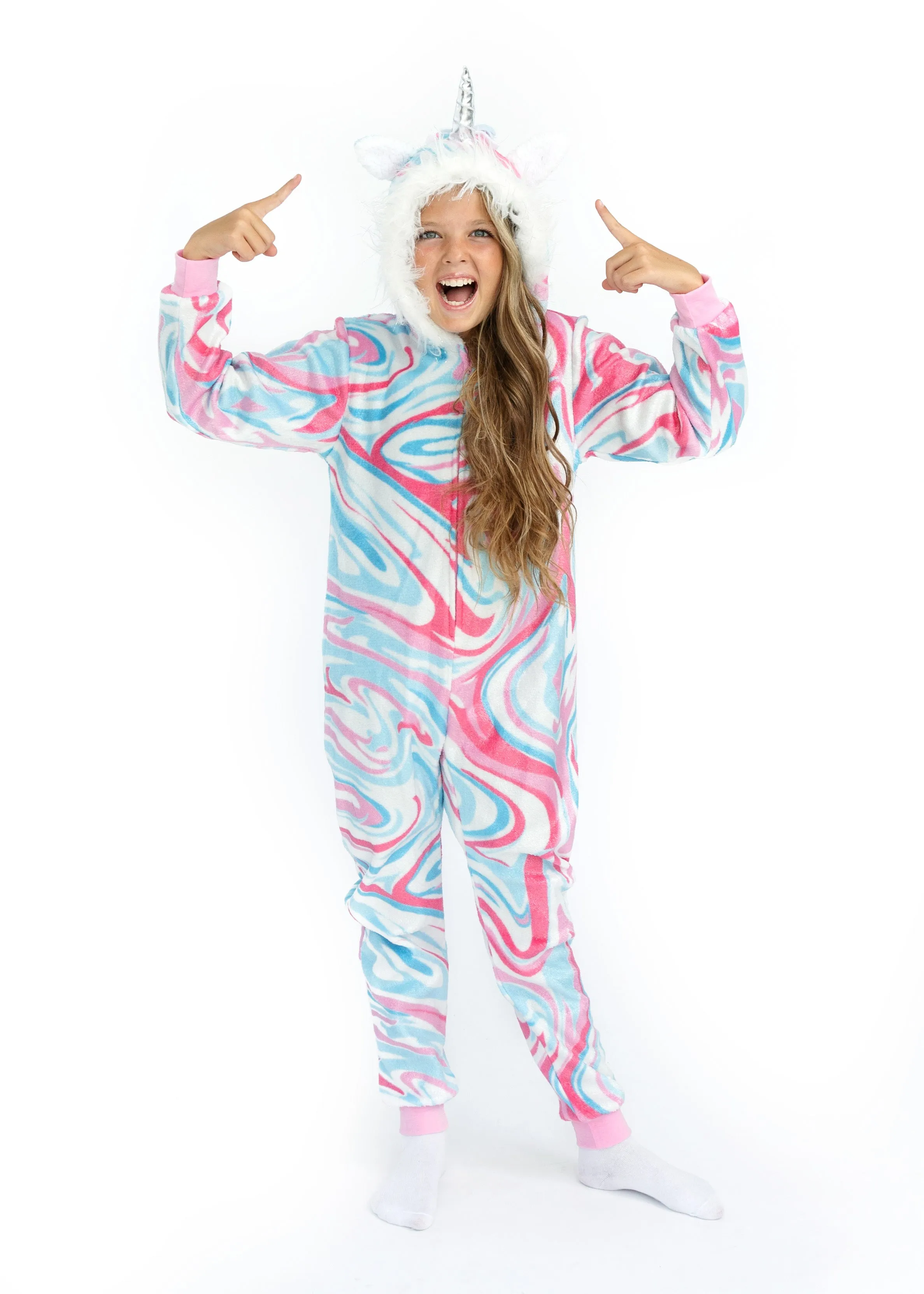 Girls Tie Dye Swirl Zip-Up Hooded Sleeper Pajama with Built Up 3D Character Hood