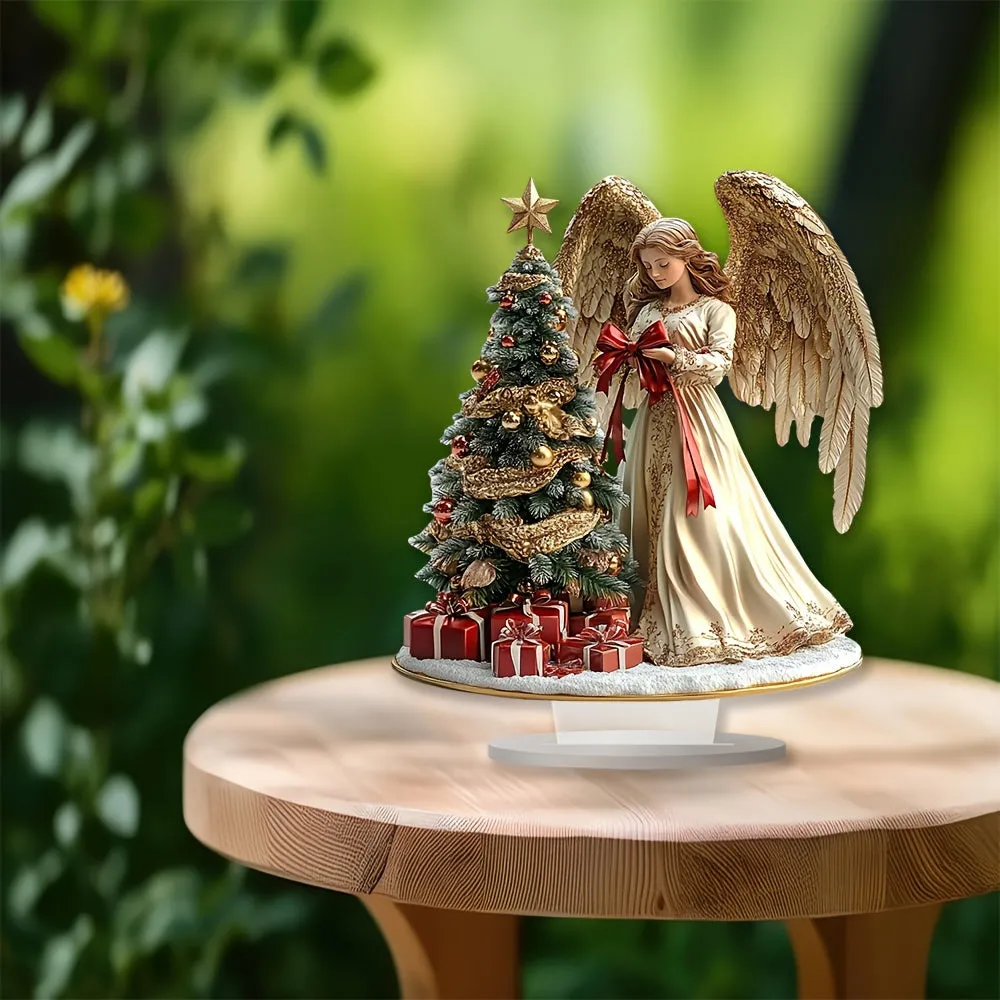 Glam Style Angel with Christmas Tree Acrylic Tabletop Decor, Family Themed No-Electricity Pedestal, Ideal Gift for Home & Office - Bohemian Desk Sign, Set of 1