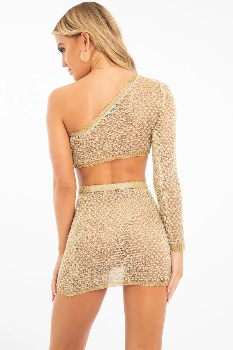 Gold Mesh One Sleeve Crop Top Skirt Co-ord - Tyriana