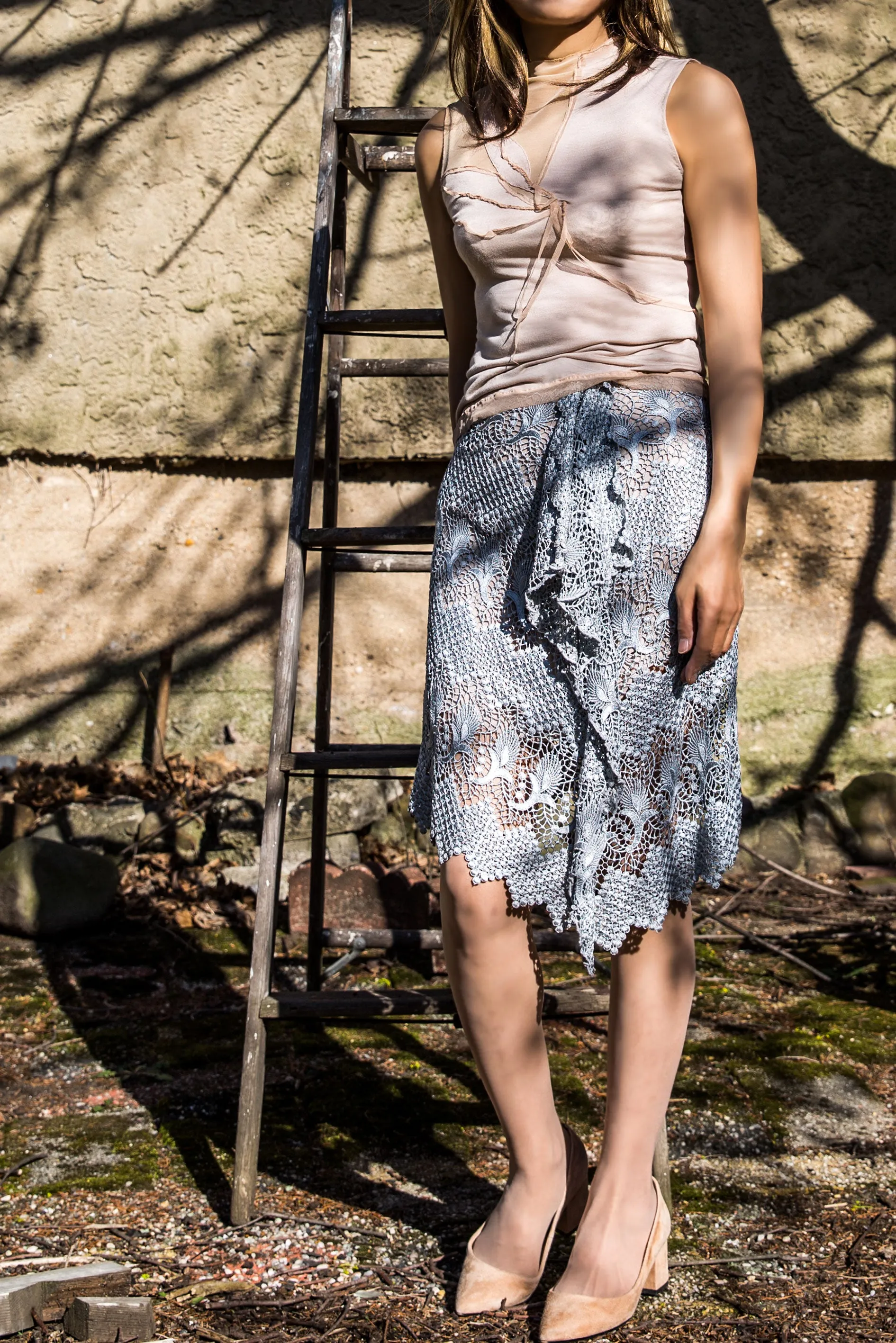 Gray Asymmetric Lace Skirt