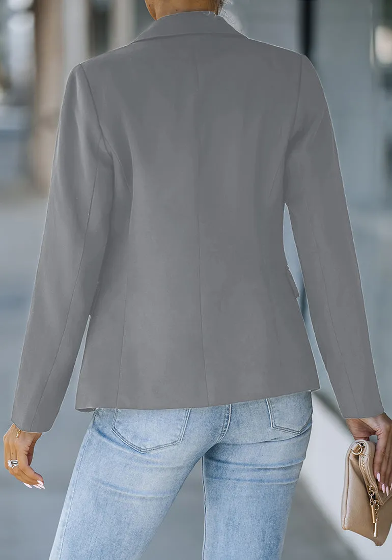 Gray Women's Long Sleeve Formal Notch Lapel Button Down Blazer Pockets Jacket