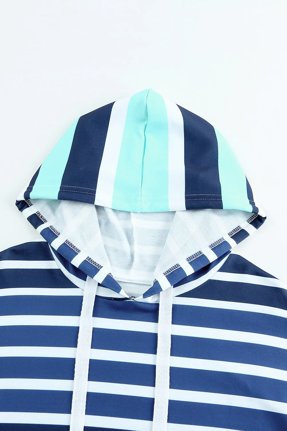 Green Striped Drawstring Long Sleeve Hoodie