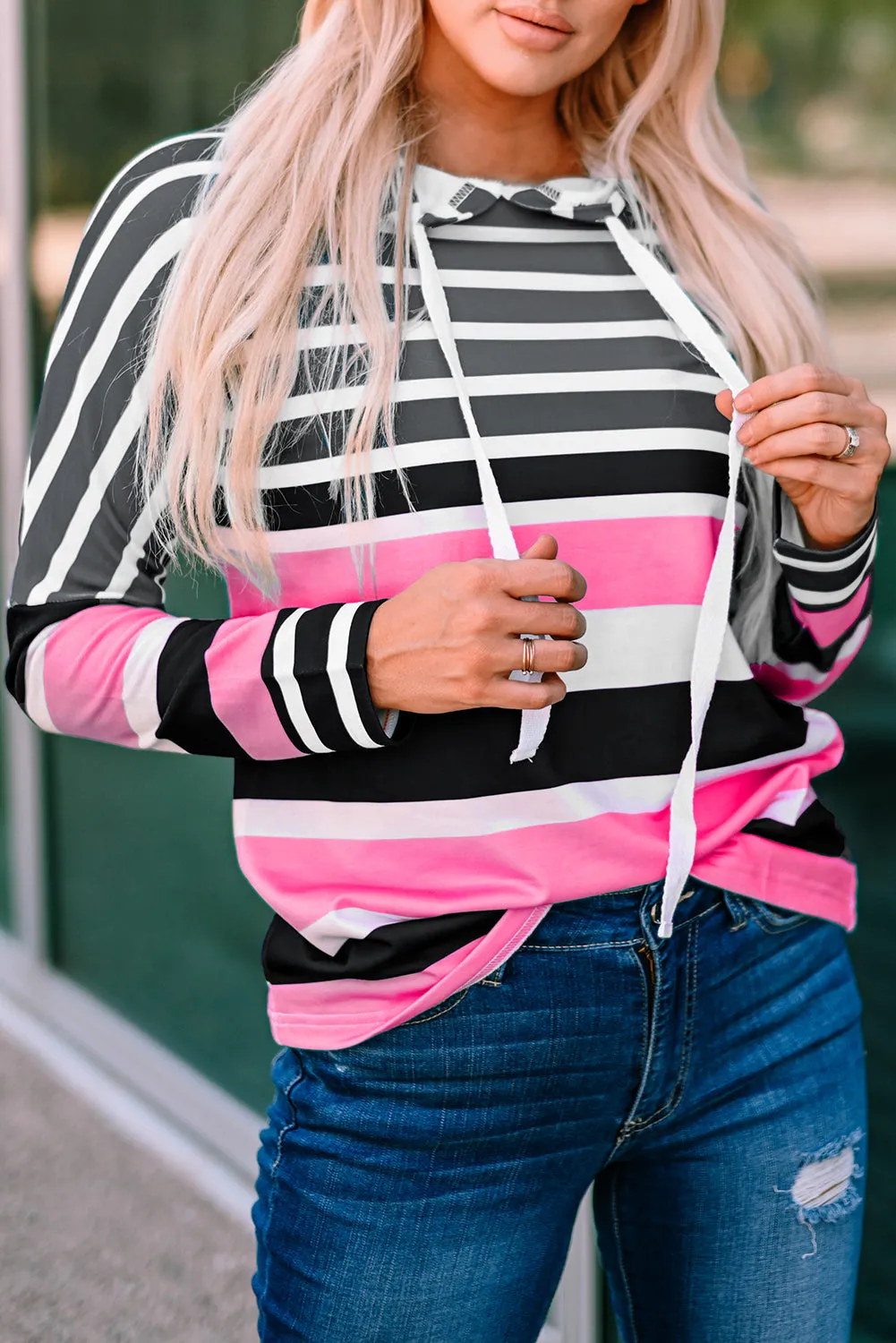 Green Striped Drawstring Long Sleeve Hoodie