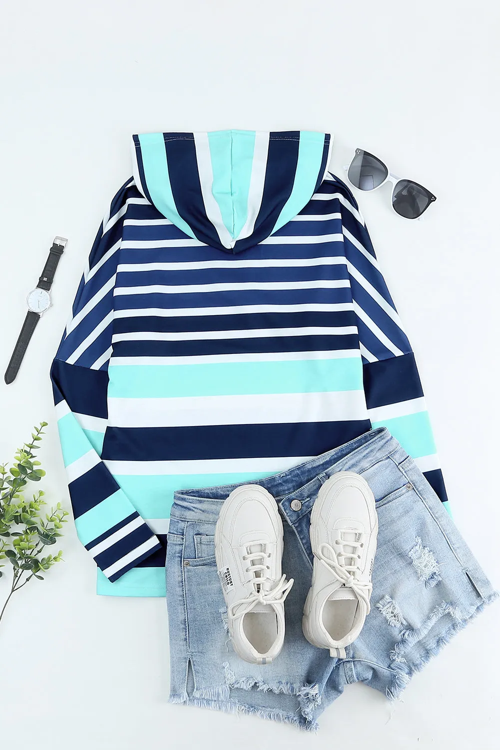 Green Striped Drawstring Long Sleeve Hoodie