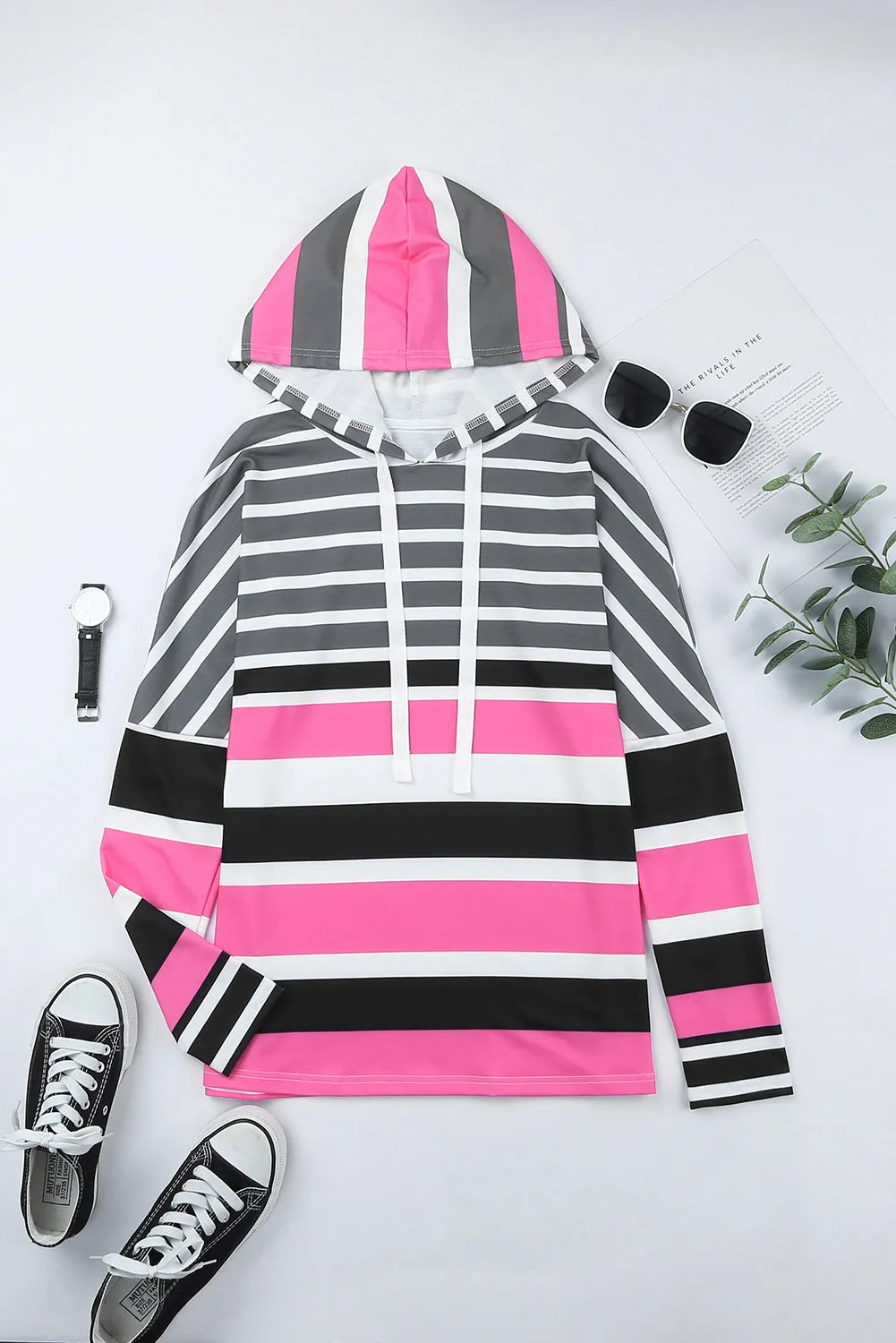 Green Striped Drawstring Long Sleeve Hoodie