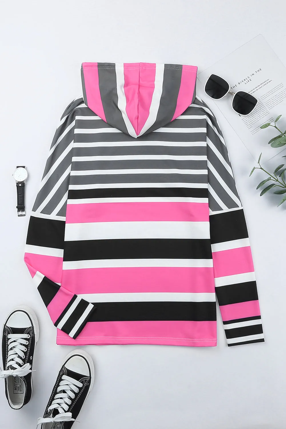 Green Striped Drawstring Long Sleeve Hoodie