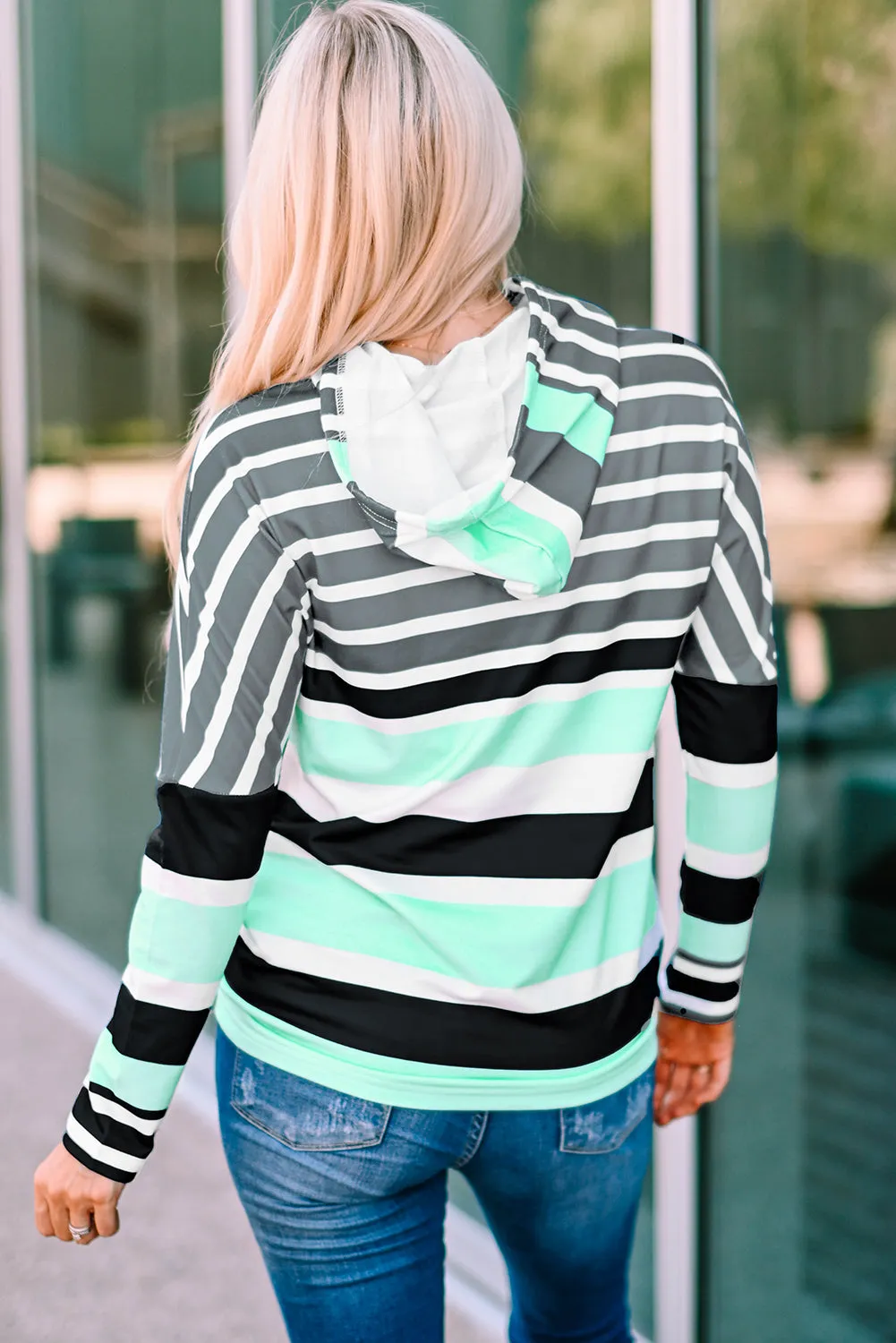 Green Striped Drawstring Long Sleeve Hoodie