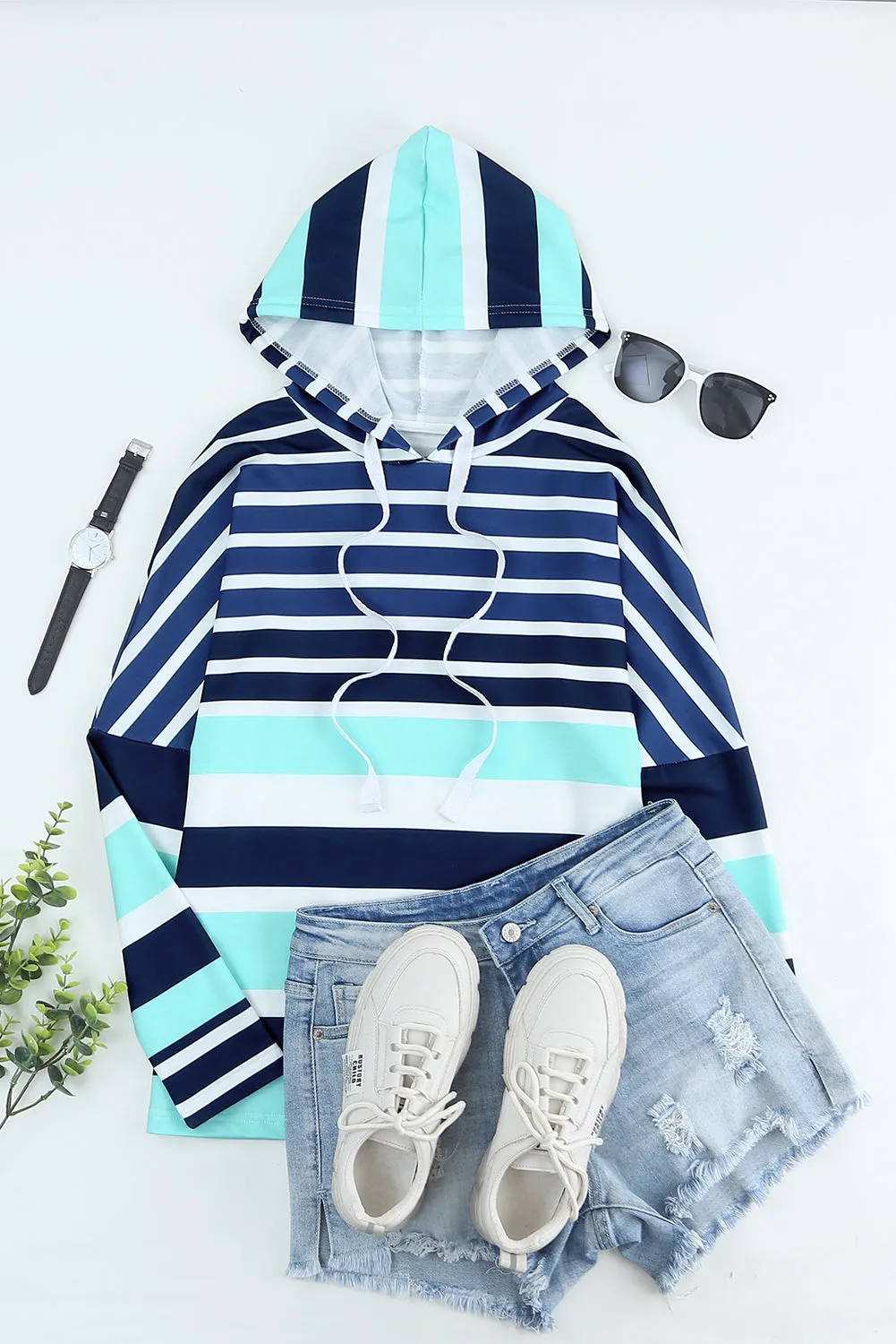 Green Striped Drawstring Long Sleeve Hoodie