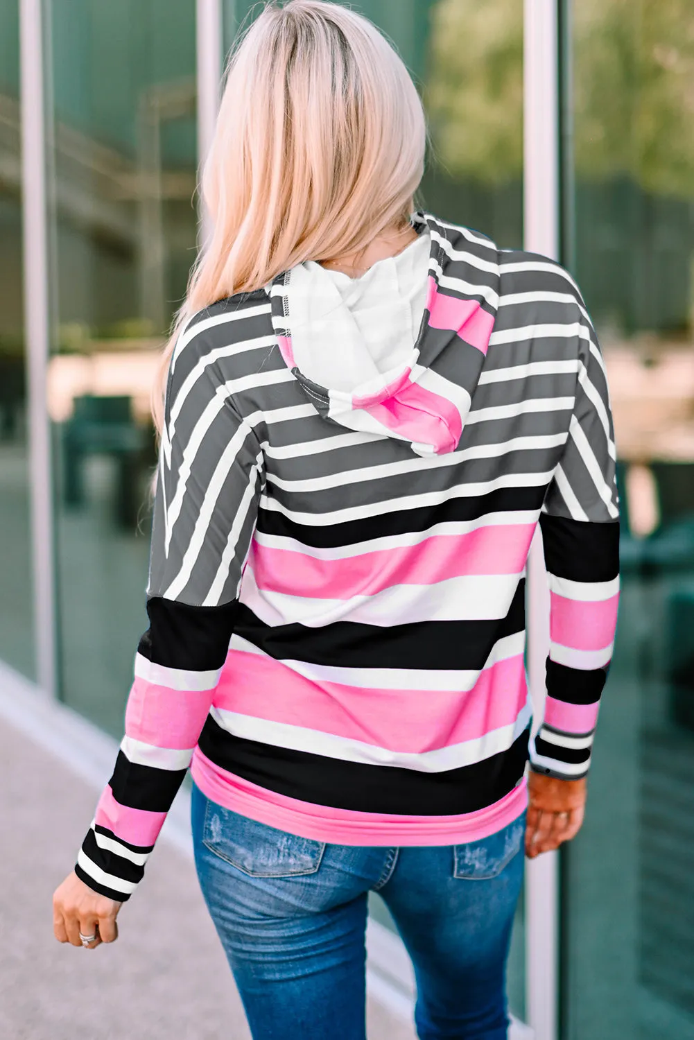 Green Striped Drawstring Long Sleeve Hoodie