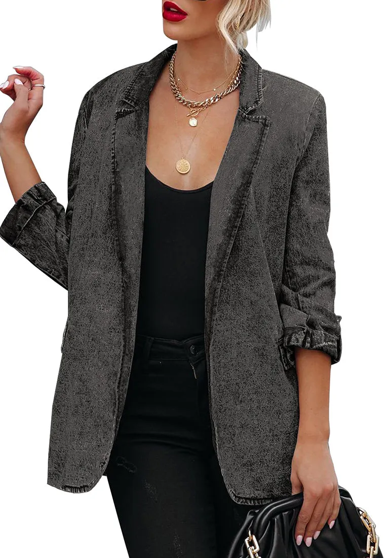 Grey Lapel Collar Flap Pockets Open-Front Denim Blazer