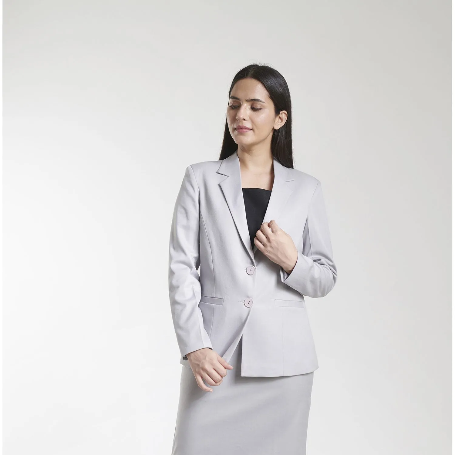 Grey Poly Cotton Women's Single Button Blazer