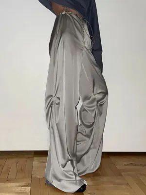 Grey Satin Loose Wide Leg Drawstring Pants