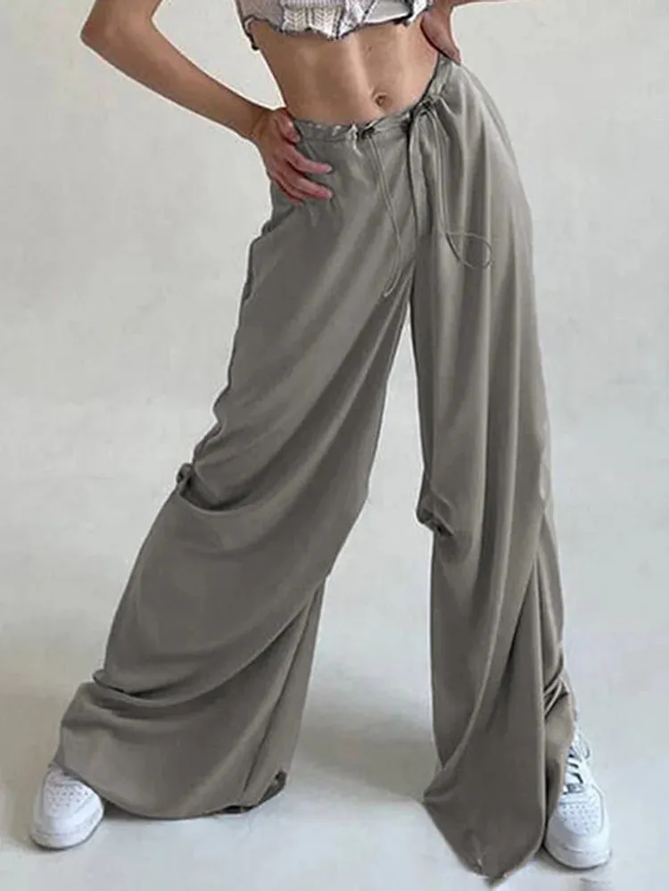 Grey Satin Loose Wide Leg Drawstring Pants